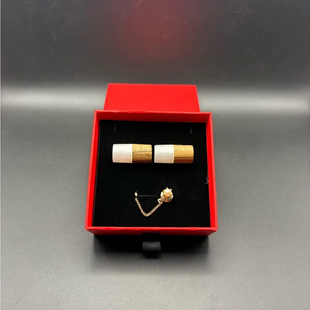 Vintage Wood White Inlay Cufflinks Pearl Tie Tack Gold Tone Mens Dress Set